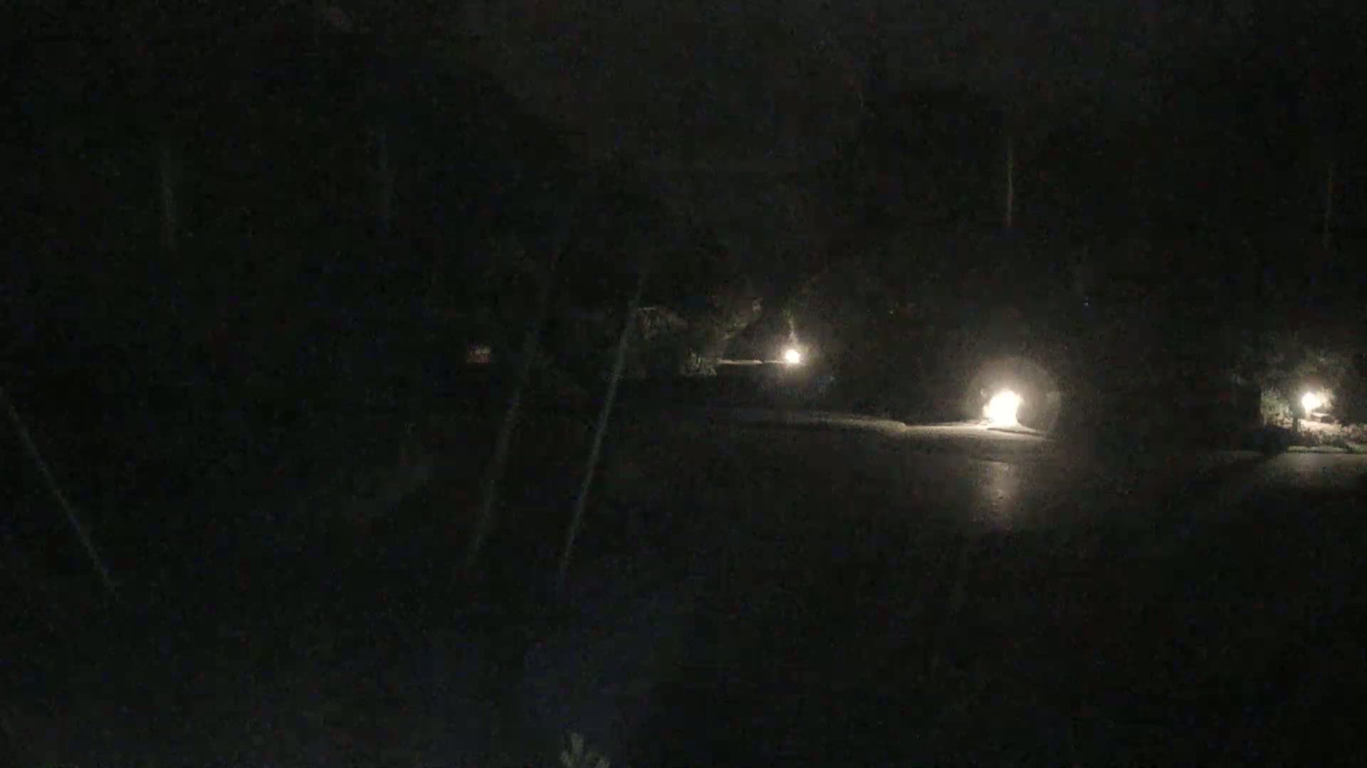 A dark, nighttime scene shows a paved area dimly lit by several small lights set among dark trees.