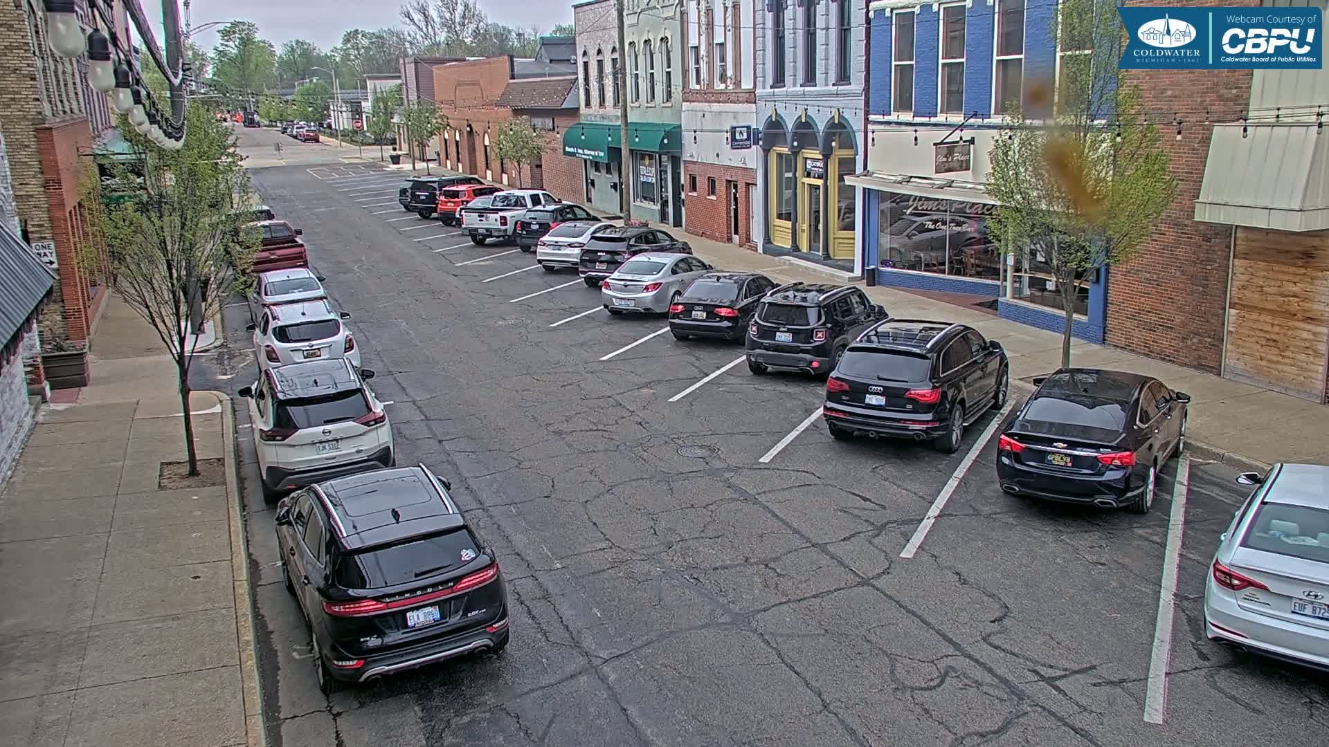 Cars are parked along a street lined with brick buildings under an overcast sky.