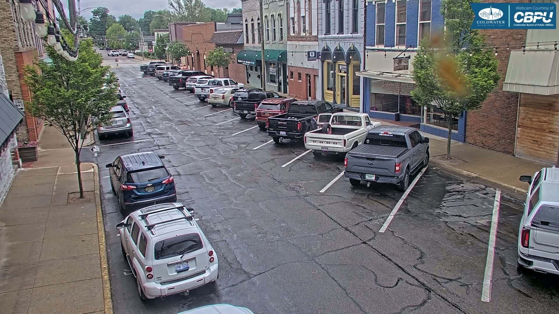 Cars are parked along a wet street in front of brick buildings on a cloudy day.
