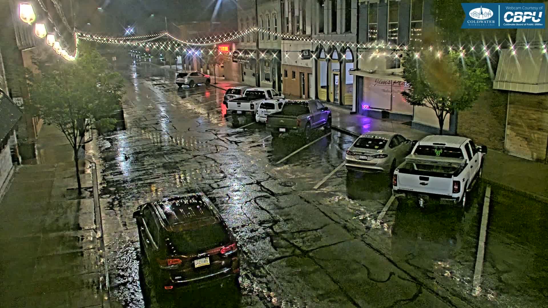A rain-slicked, nighttime street lined with parked cars and buildings illuminated by streetlights.
