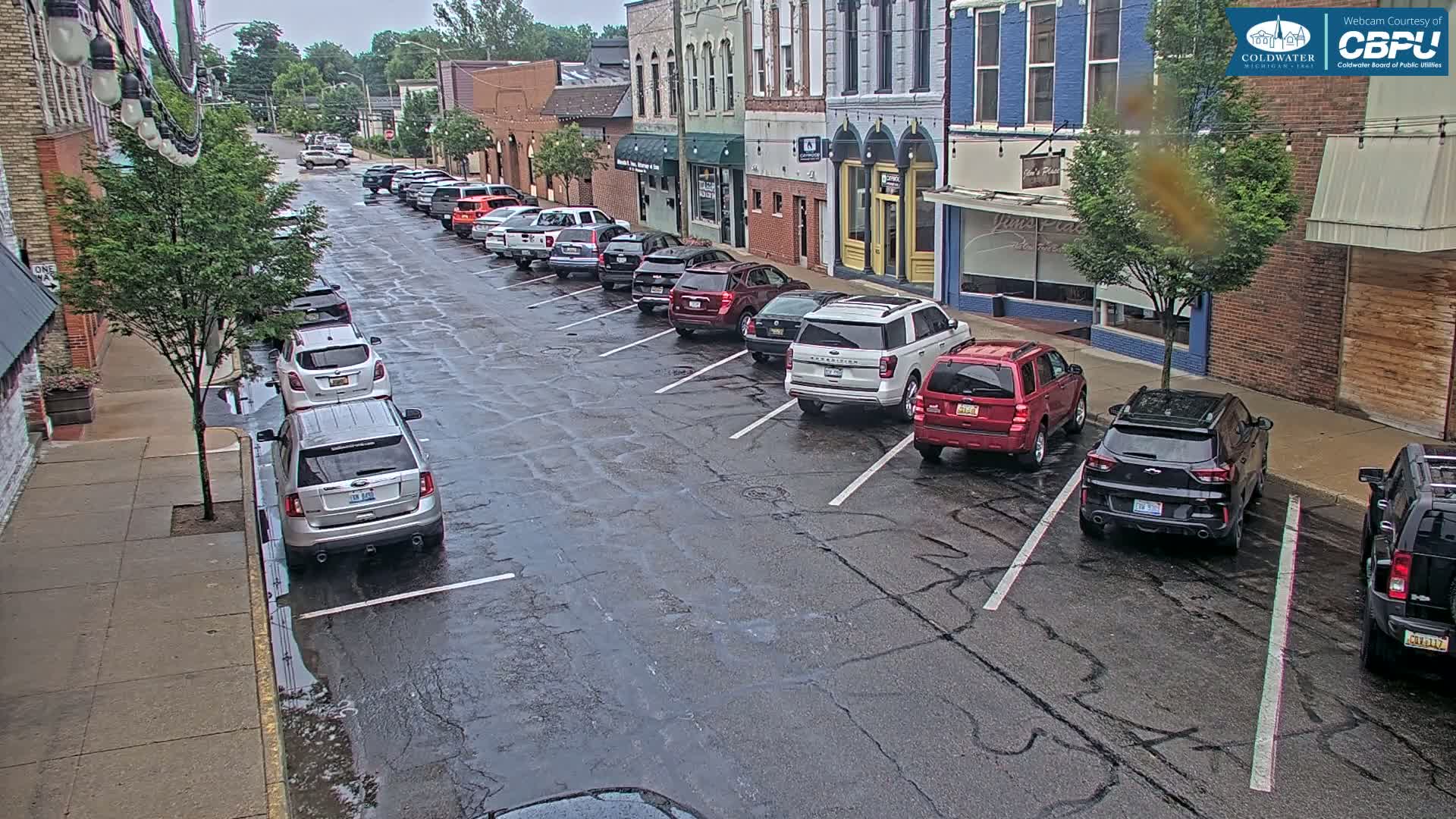 A wet street in a town lined with parked cars and brick buildings on a cloudy day.