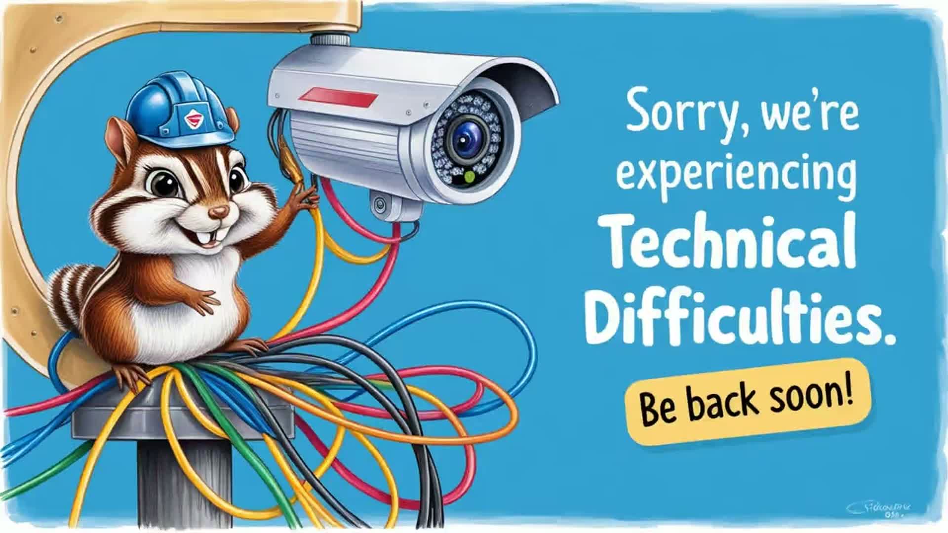 A cartoon chipmunk wearing a hard hat sits atop a tangle of wires connected to a security camera against a bright blue background.