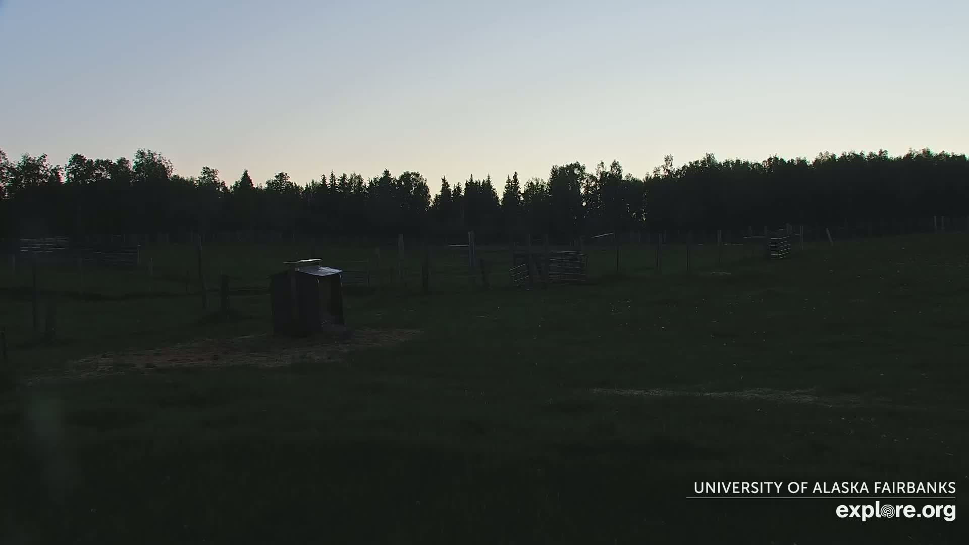 A dark green grassy field enclosed by a fence, containing a small shed and some other structures, is silhouetted against a twilight sky.