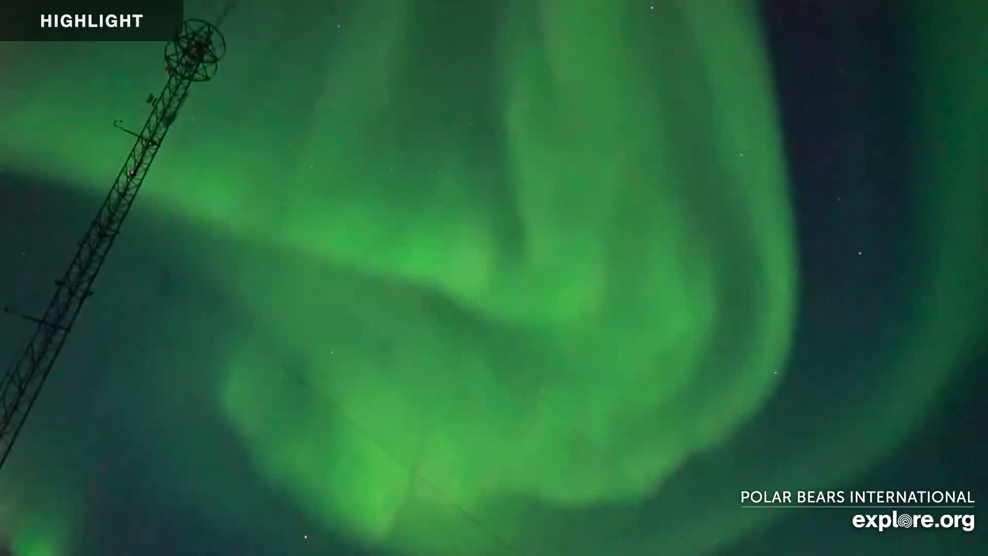 A tall, slender metal structure stands against a night sky filled with vibrant green aurora borealis.