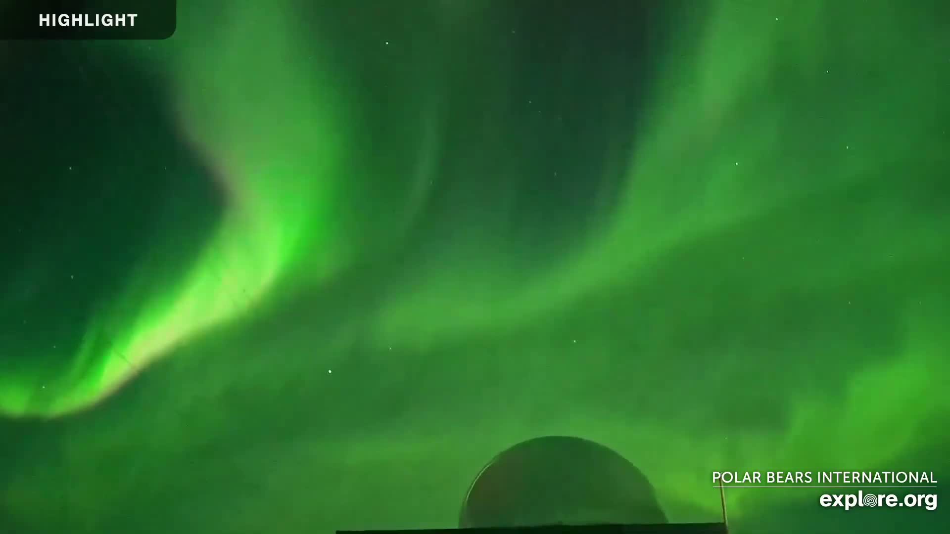 A vibrant green aurora borealis fills the night sky above a large, dark, dome-shaped structure.
