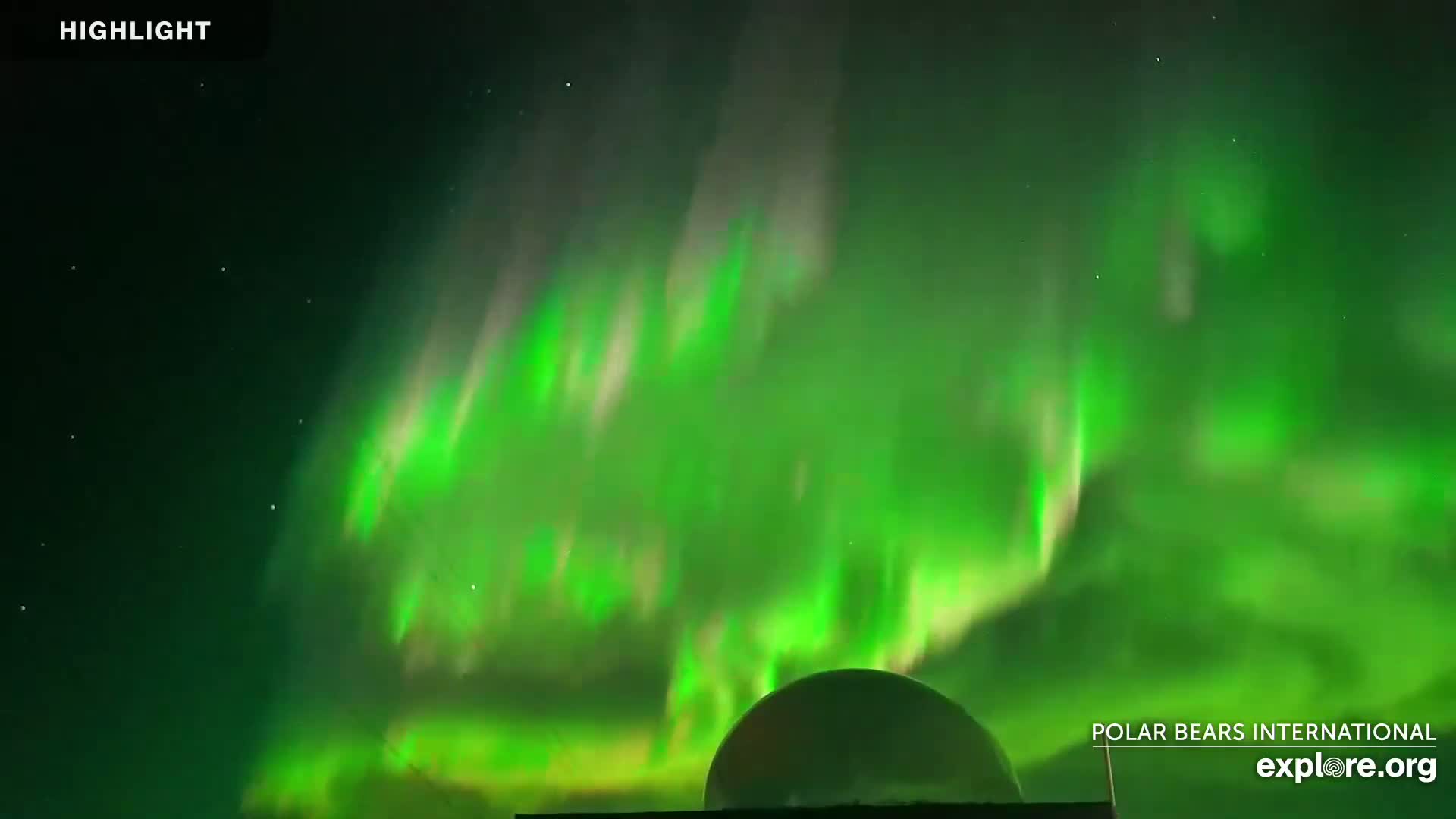 A vibrant green aurora borealis illuminates the night sky above a dome-shaped structure.