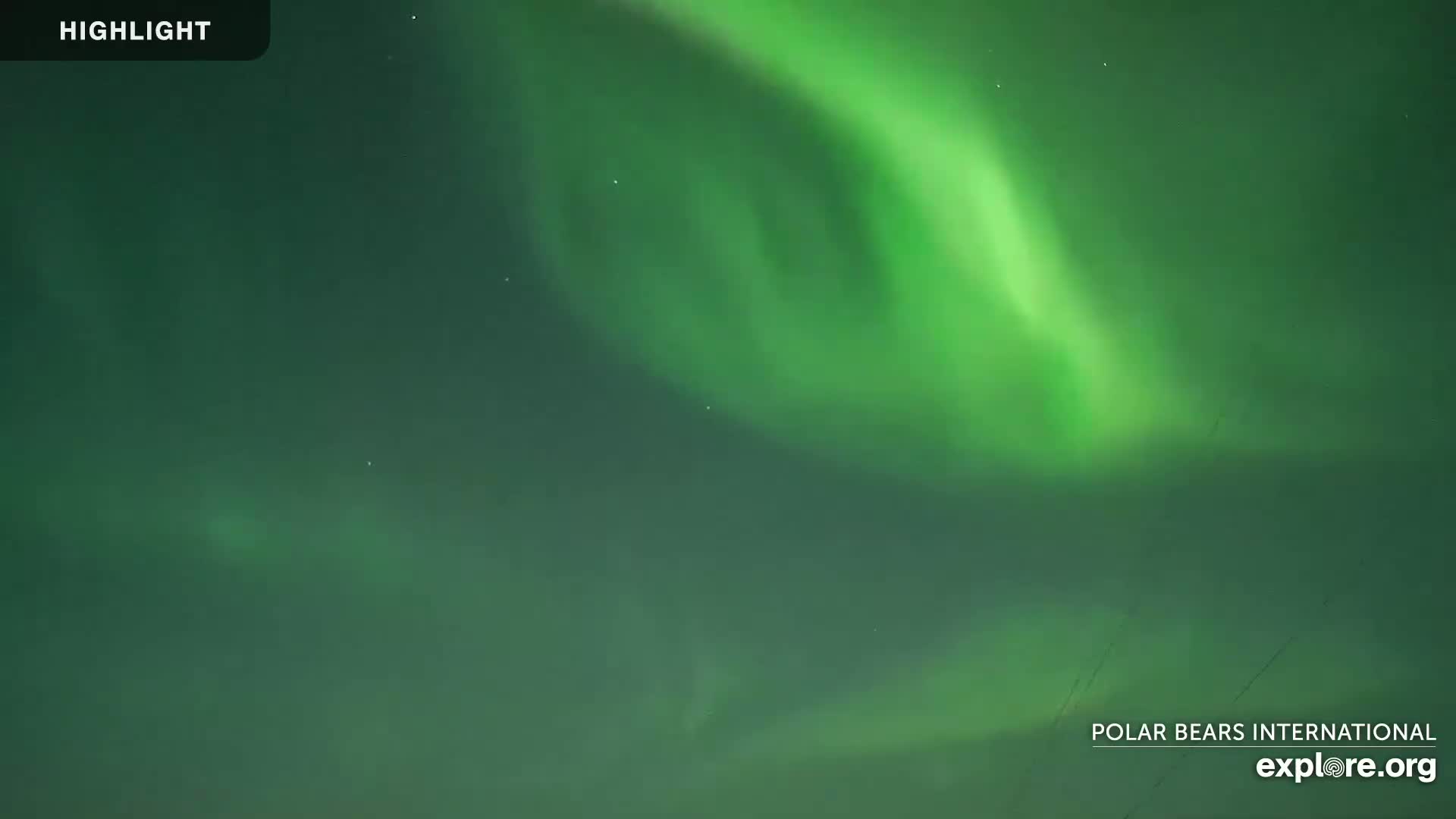 A nighttime scene shows a vibrant green aurora borealis in the sky.