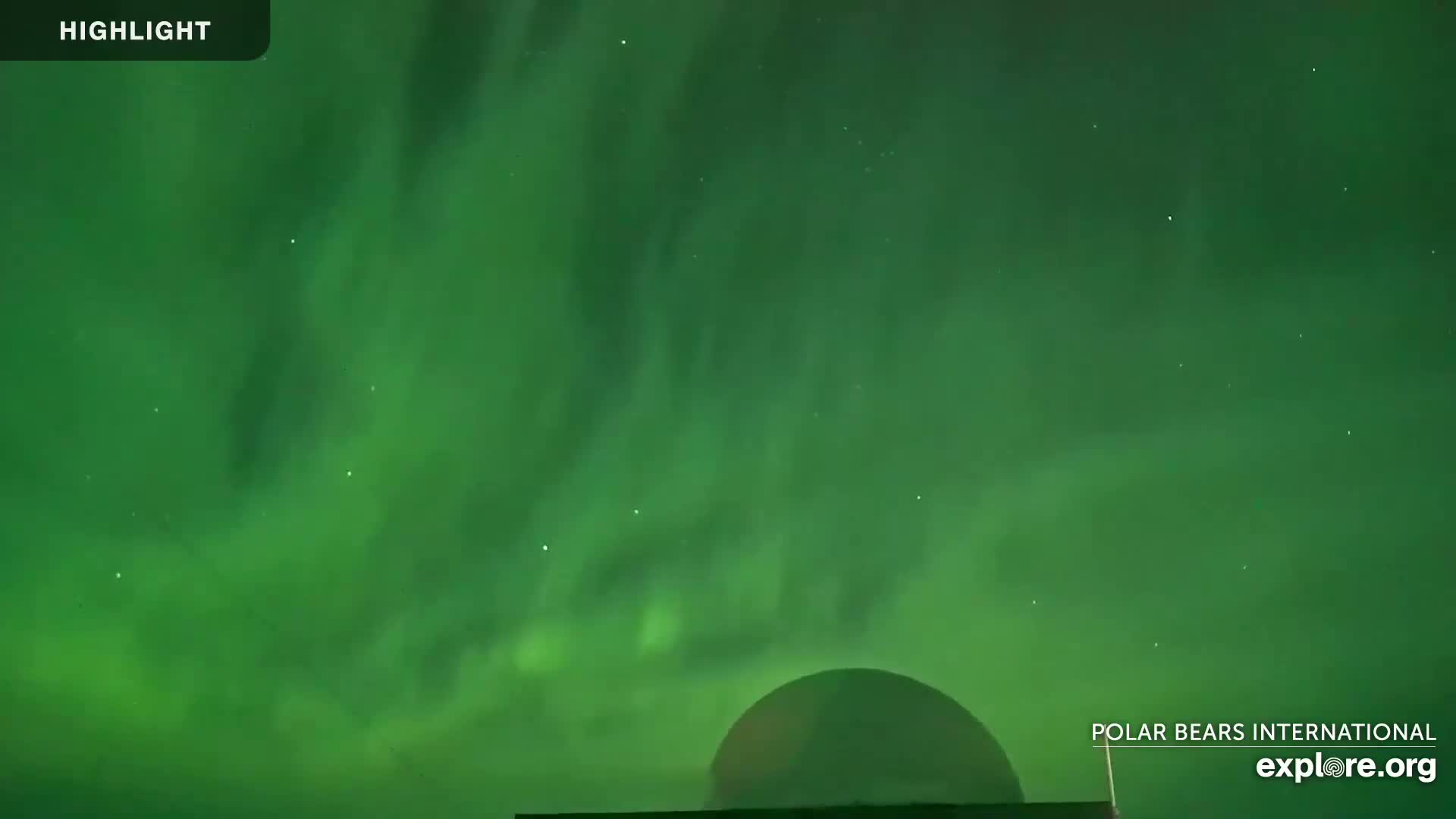 A bright green aurora borealis illuminates the night sky above a dark, rounded structure.