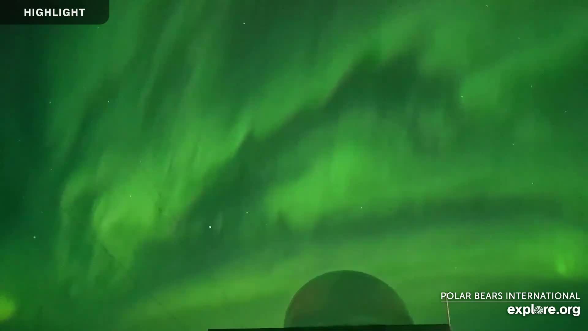 A vibrant green aurora borealis fills the night sky above a dark, rounded structure.