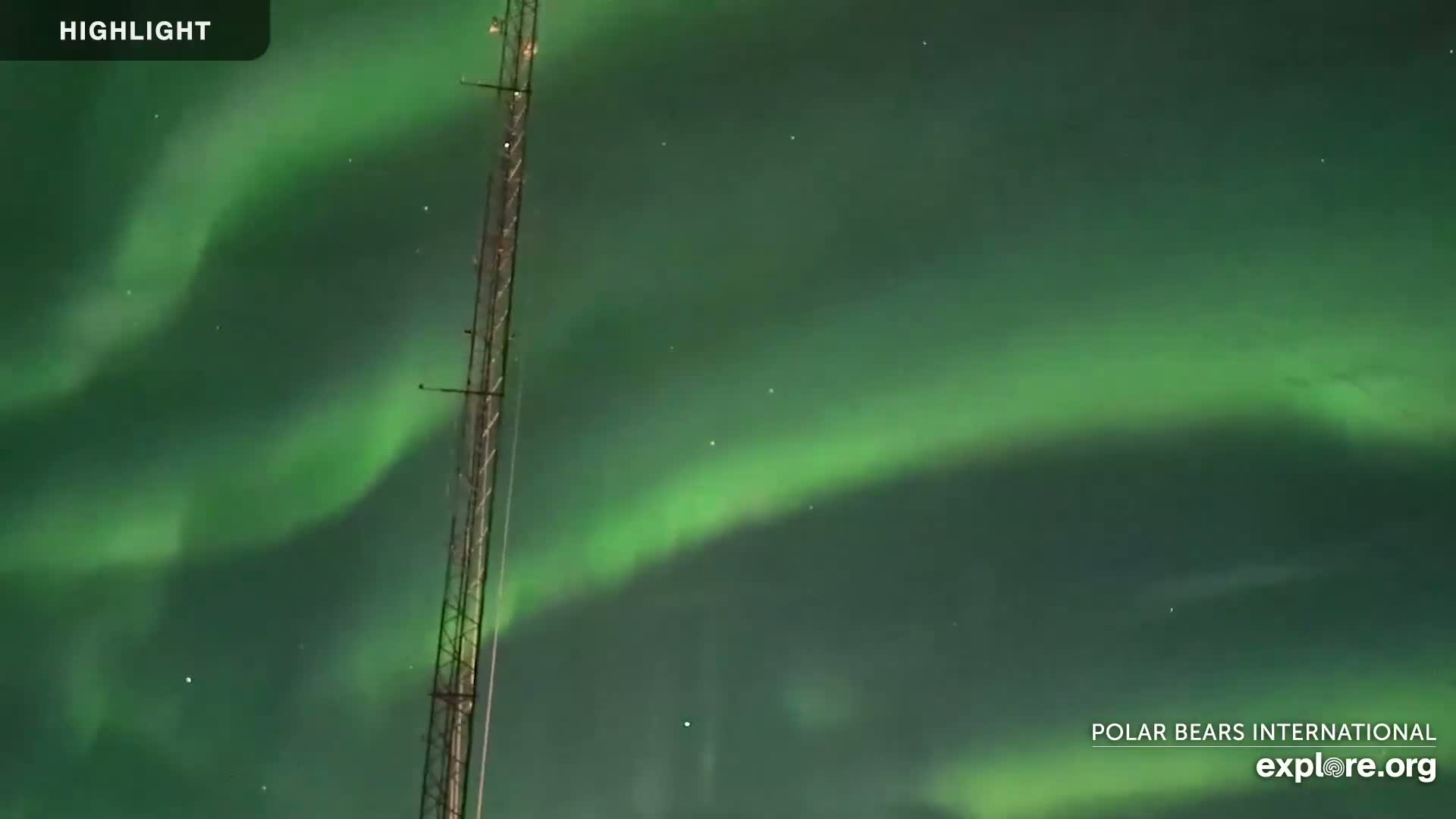 A tall metal structure stands against a night sky filled with vibrant green aurora borealis.