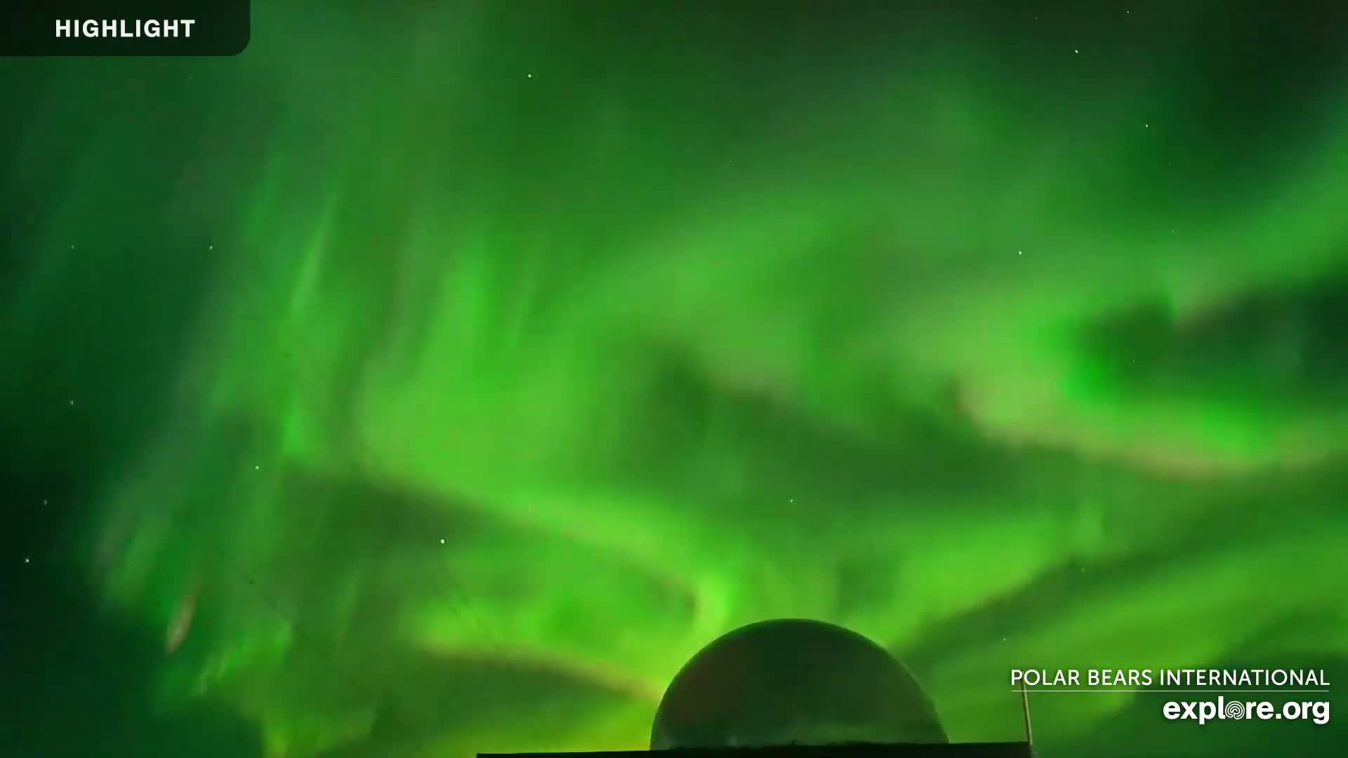 A vibrant green aurora borealis illuminates the night sky above a large, dome-shaped structure.