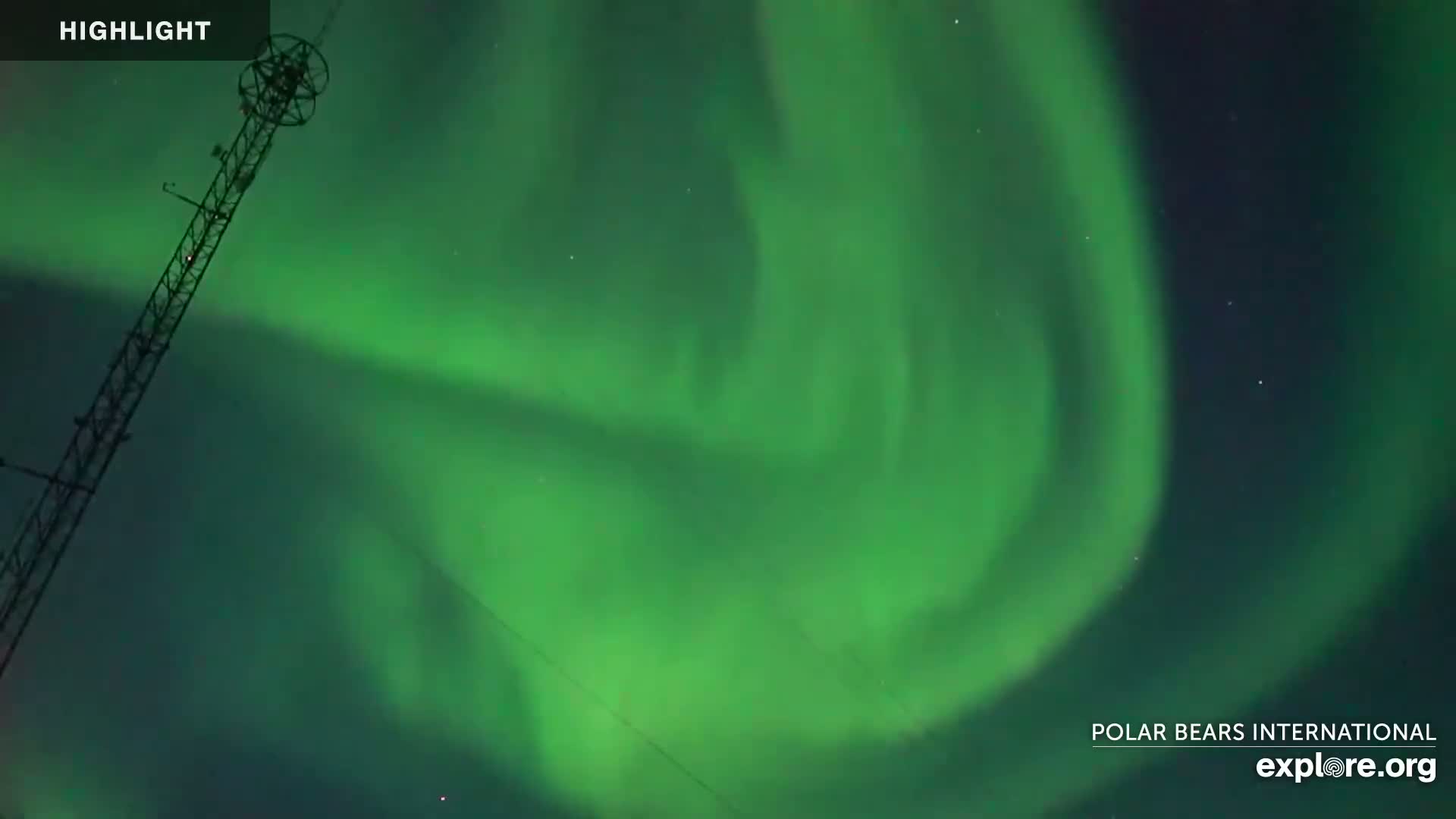 A tall, slender metal structure stands against a night sky filled with vibrant green aurora borealis.