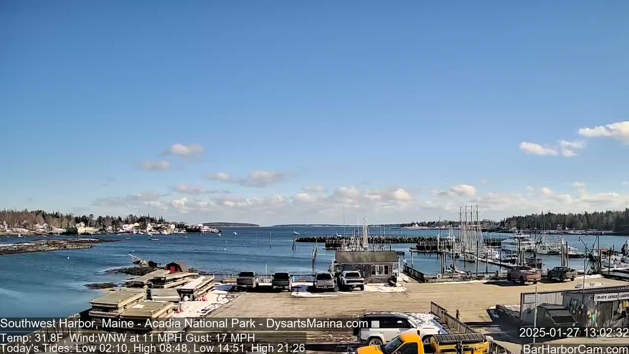 A harbor with numerous boats docked, some cars parked nearby, and a partly cloudy blue sky above.