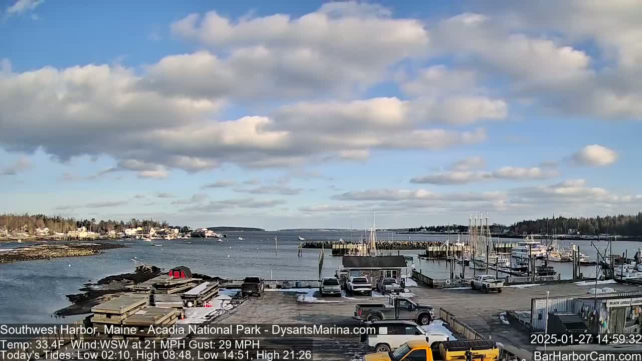 A partly cloudy harbor scene with numerous boats docked, a parking lot with several vehicles, and construction materials on the waterfront.