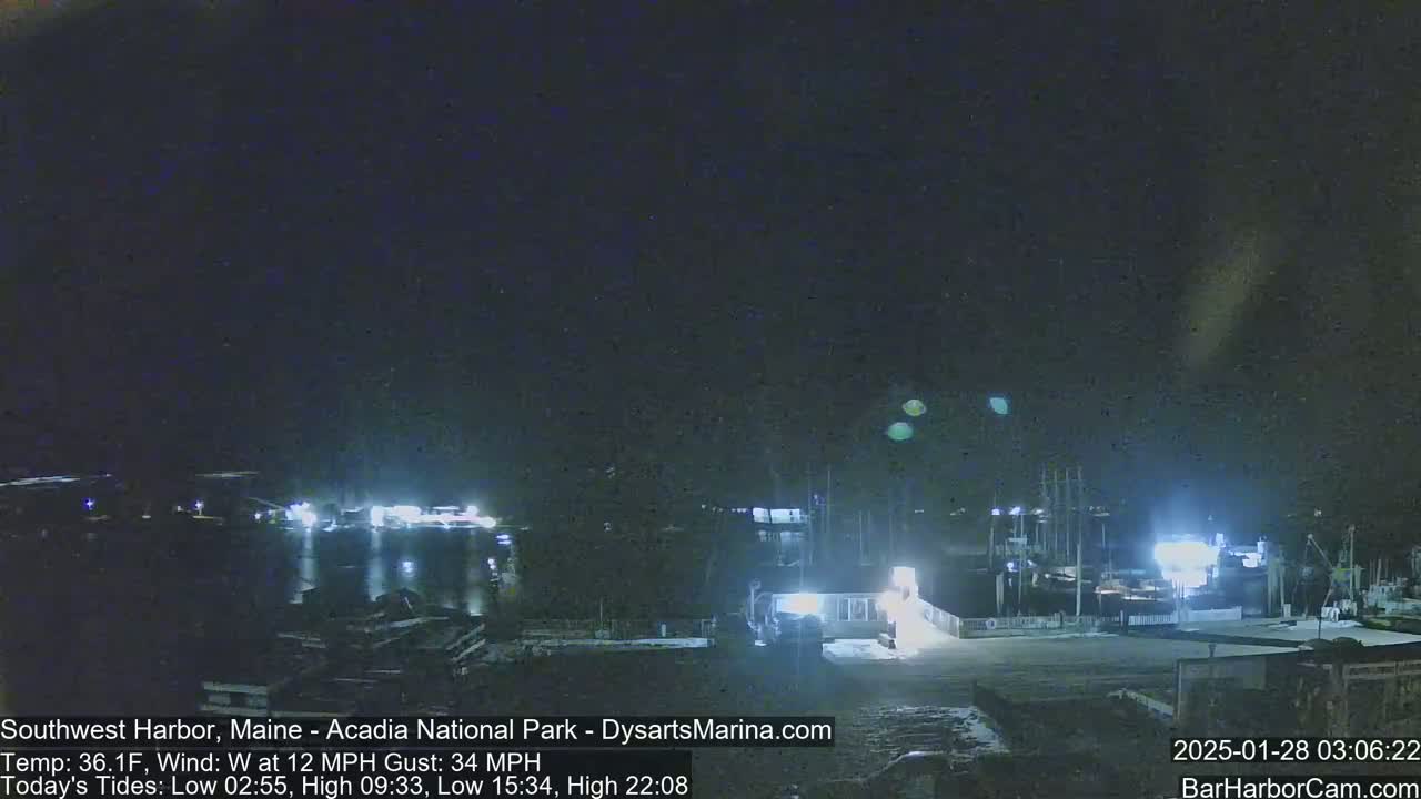 A nighttime harbor scene with calm water, under a dark sky with a few faint lights and a moderate westerly wind.
