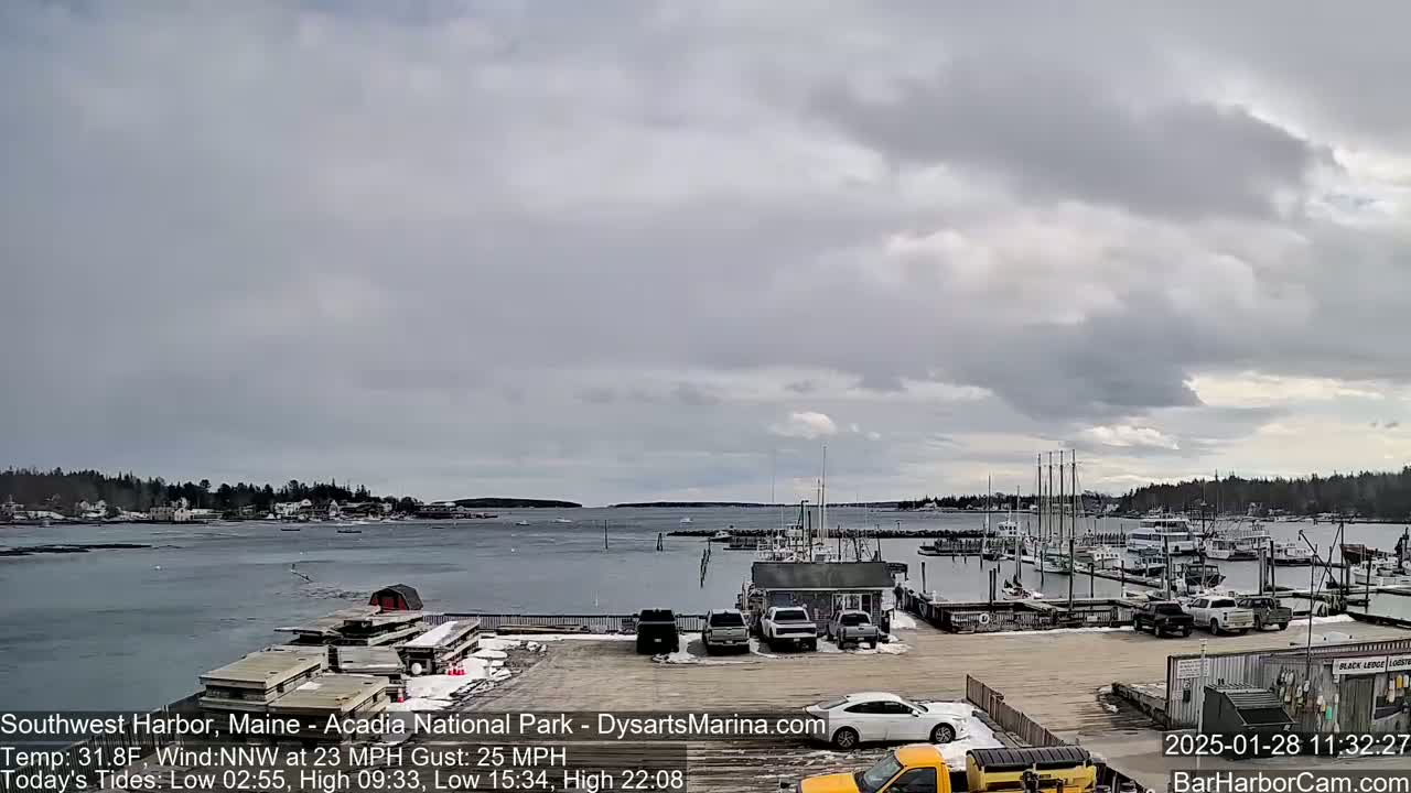 A harbor with numerous boats docked, under an overcast sky with a northwest wind.