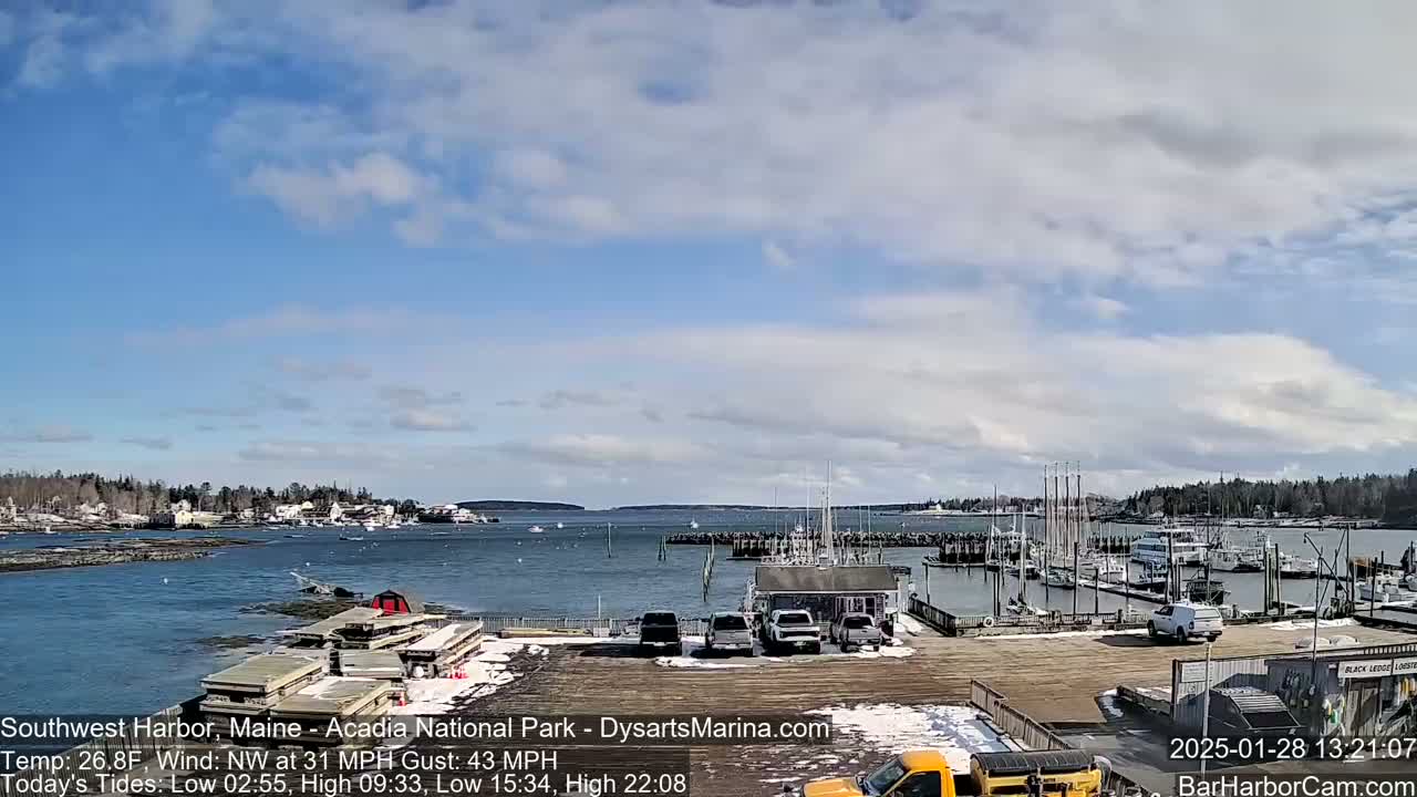 A harbor with boats docked, a small town in the background, and patches of snow on the ground under a partly cloudy sky.