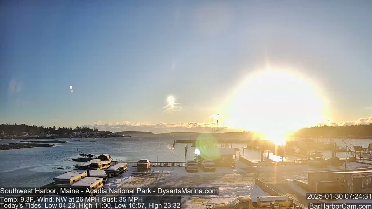 A snow-covered harbor with boats at docks and vehicles in a parking lot is seen at sunrise under a mostly clear, bright sky with a strong northwest wind.