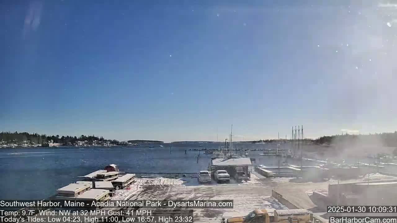 A partly sunny, cold, and windy day overlooks a snow-covered marina and harbor with boats and some buildings visible.