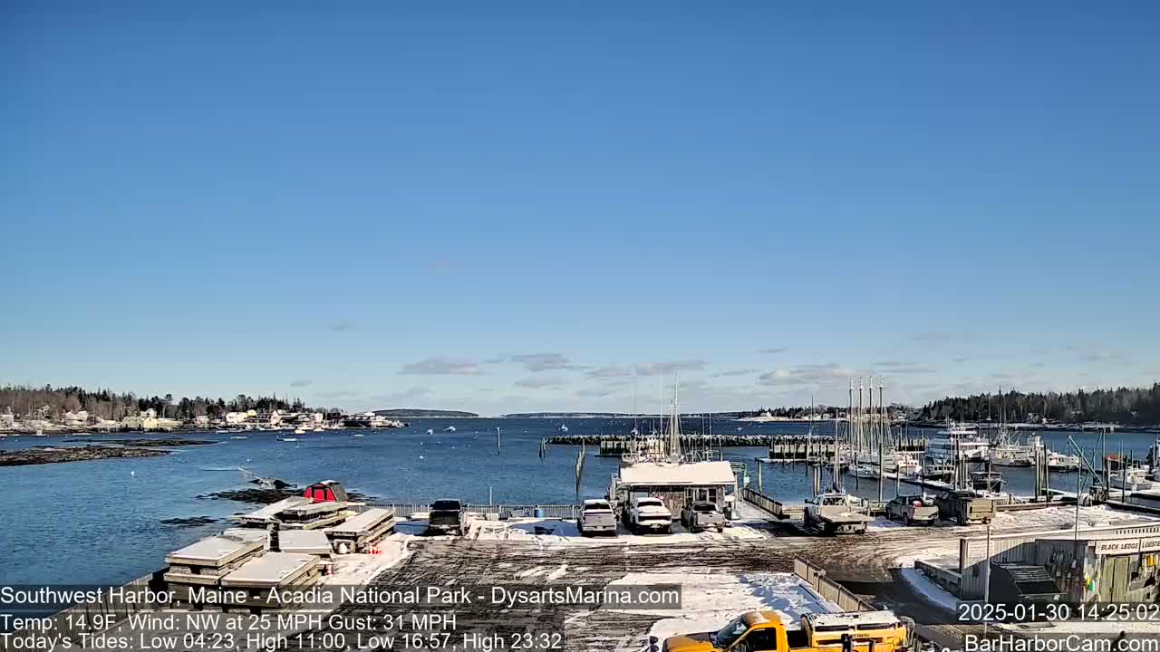 A harbor with boats docked, some snow on the ground, and a mostly clear blue sky under a bright sun.
