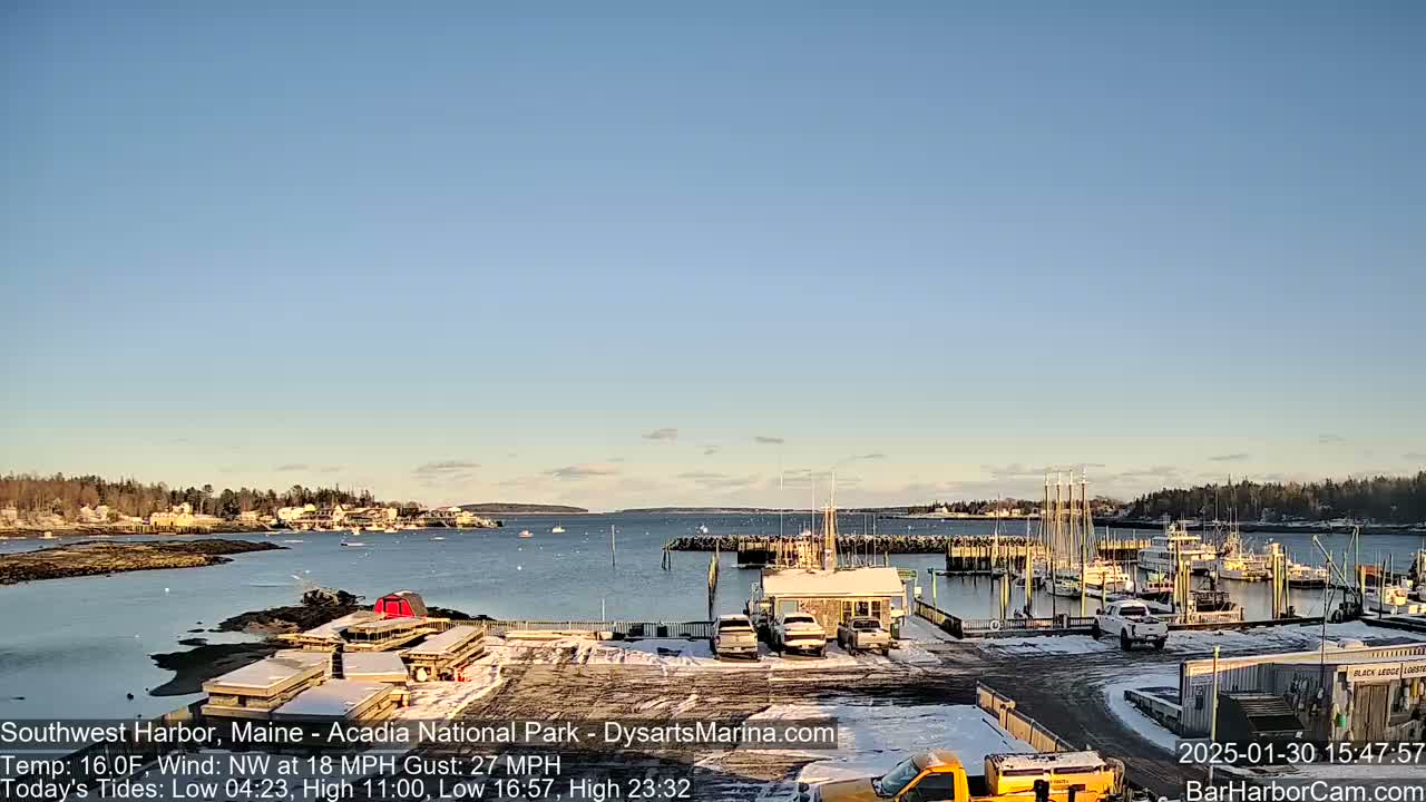 A harbor with numerous boats docked, some snow on the ground, under a clear, bright blue sky.