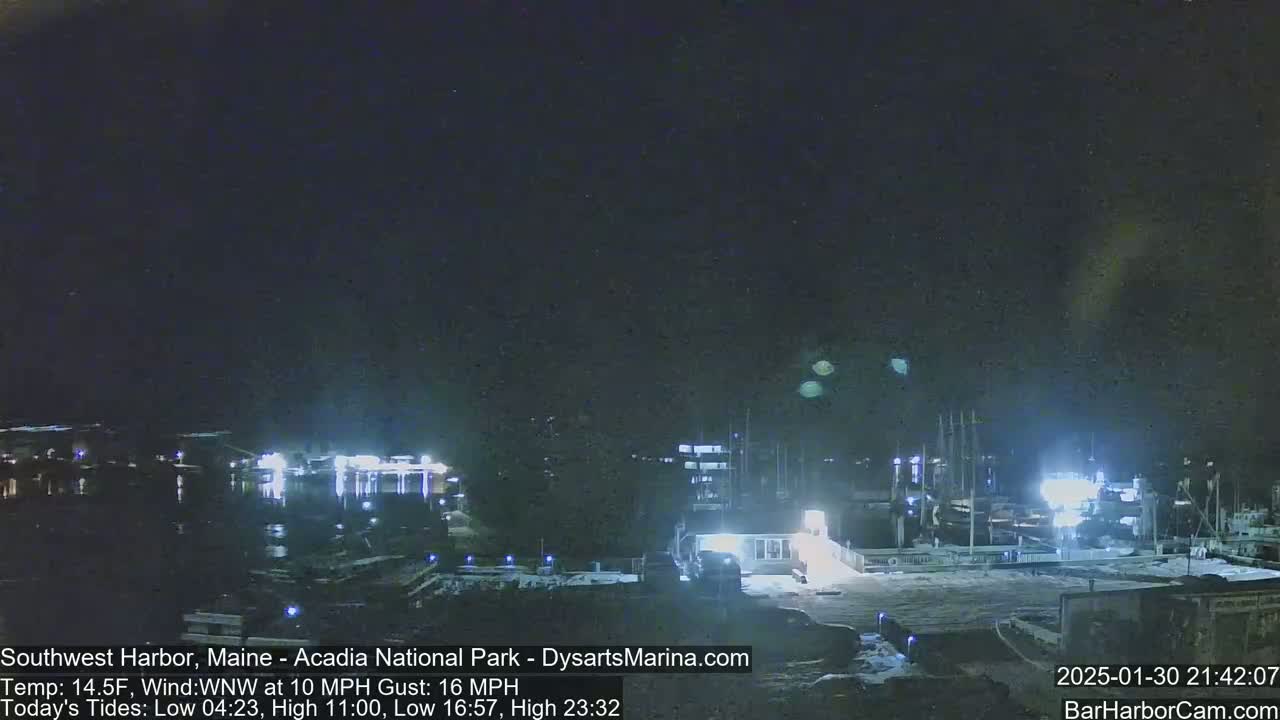 A nighttime view of a harbor with boats and buildings under a dark sky with a WNW wind at 10 mph and gusts up to 16 mph.