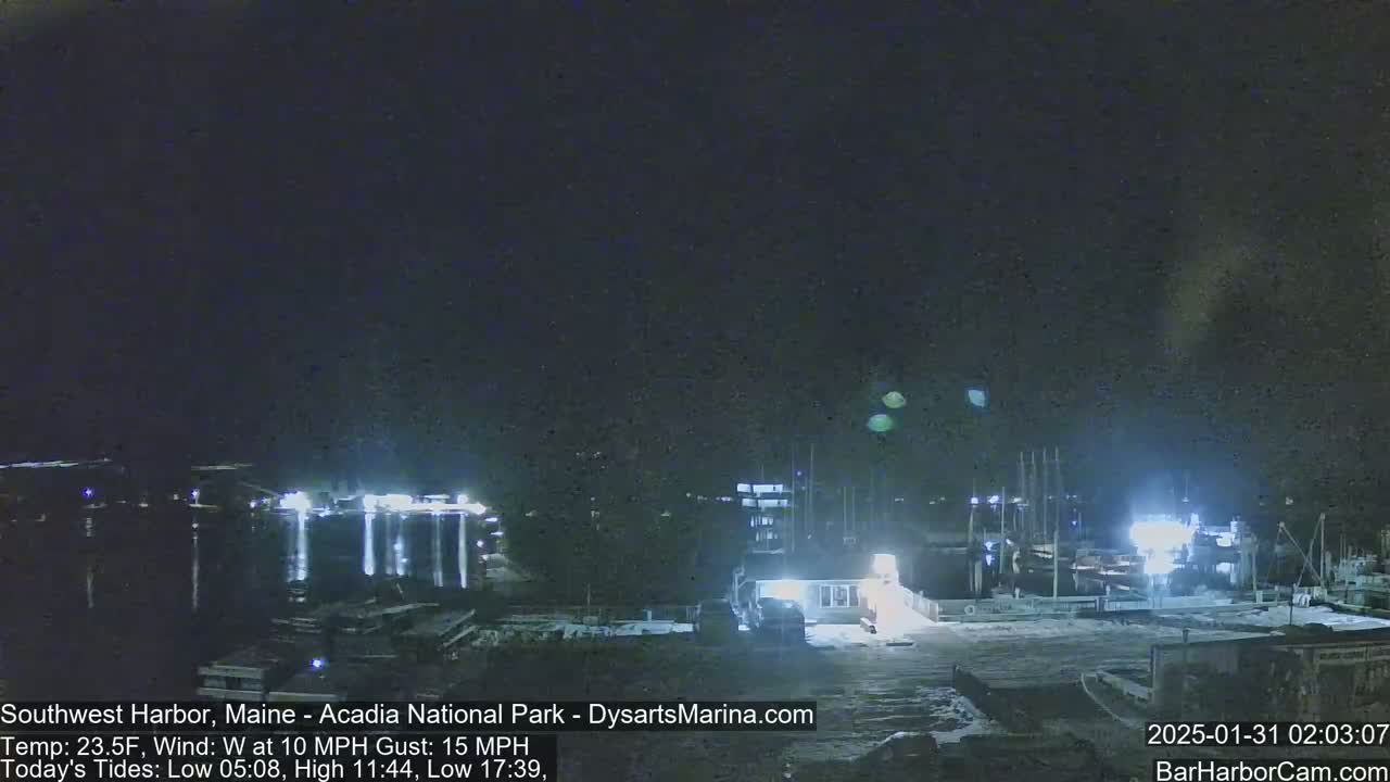 A nighttime view of a harbor with boats and docks, under a dark sky with a slight westerly wind.