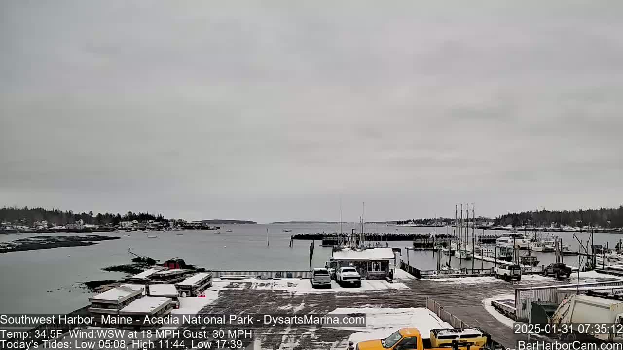 A snow-dusted harbor with boats docked, under an overcast sky.
