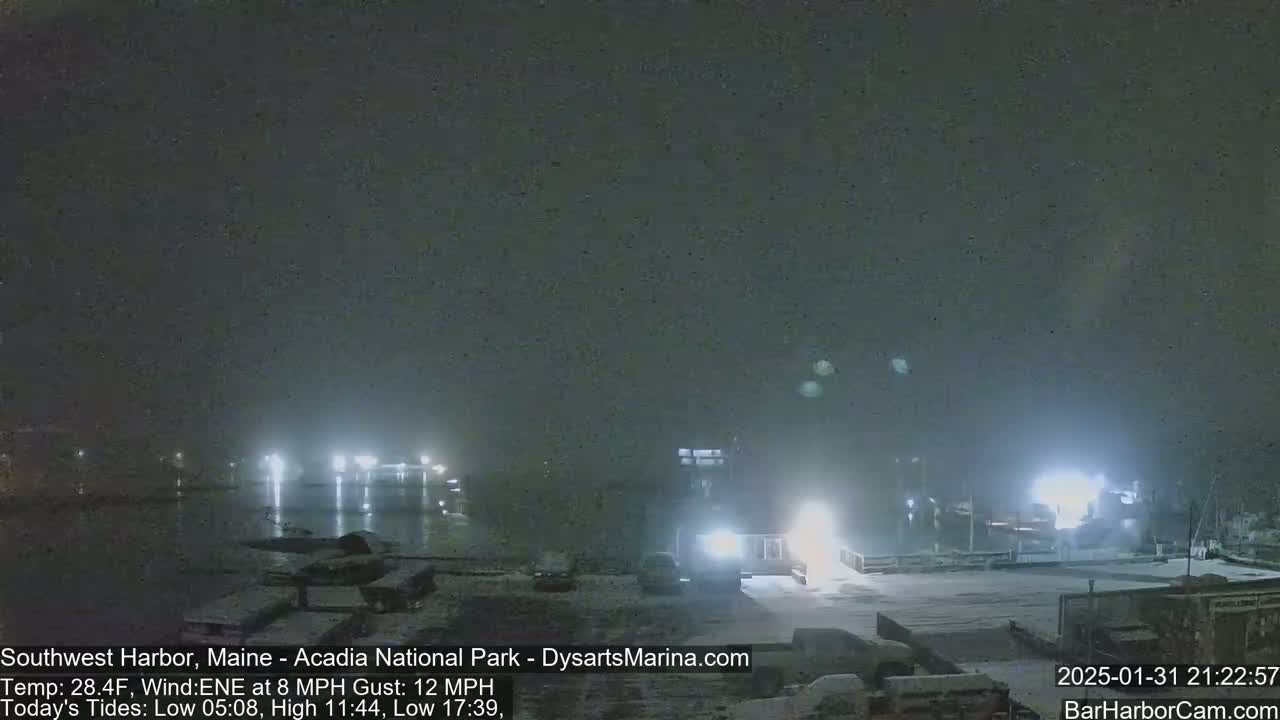 A snow-covered harbor at night, illuminated by lights from buildings and boats, under a dark, hazy sky.