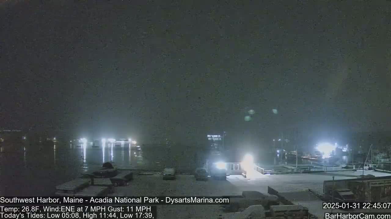 A nighttime snow-covered harbor scene shows boats docked, buildings with lights on, and a dark, snowy expanse.