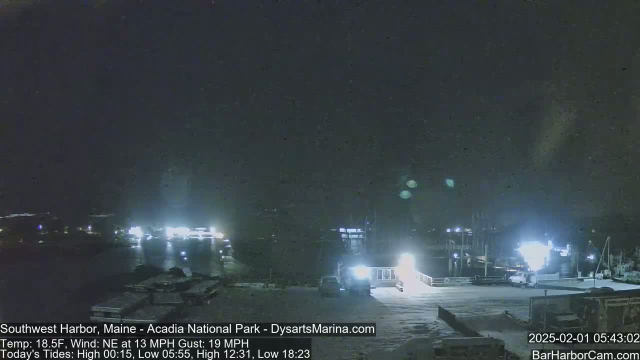 A nighttime view of a snow-covered harbor with boats docked, under a dark sky with a northeast wind.