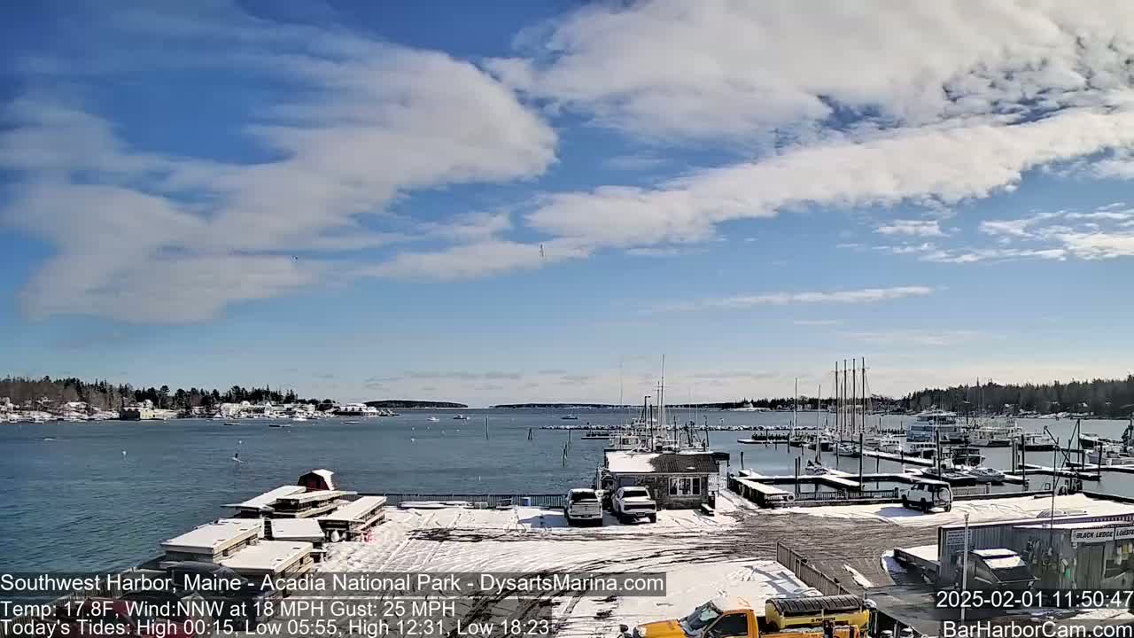 A partly cloudy, cold day shows a snow-dusted harbor with numerous boats docked, and a few vehicles parked nearby.