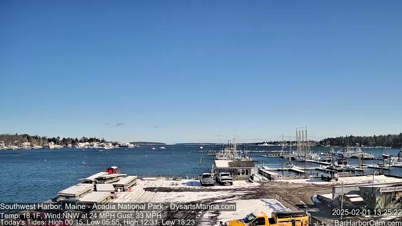 A harbor filled with boats is partially covered in snow under a clear blue sky.
