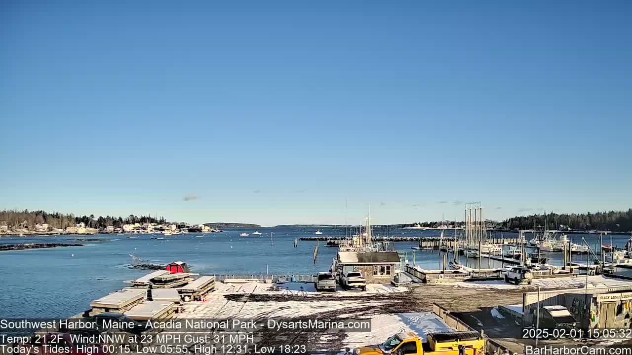 A harbor filled with boats under a clear blue sky, with some snow visible on the ground.