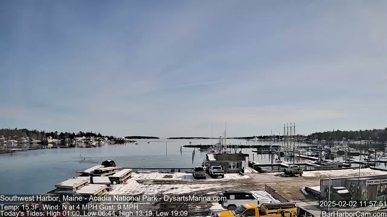 A partially snow-covered harbor with boats docked, under a mostly clear, bright sky.