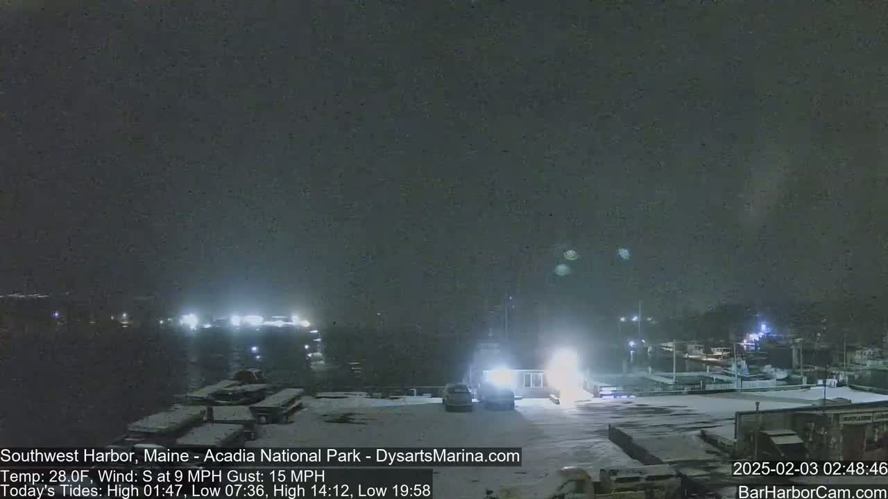 A snow-covered harbor at night, with a few vehicles parked near lit buildings, under a dark, lightly snowing sky.