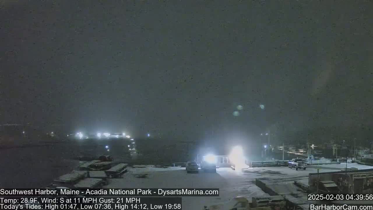 A nighttime snowstorm blankets a snow-covered parking lot and marina, with dimly lit buildings and vehicles visible in the distance.