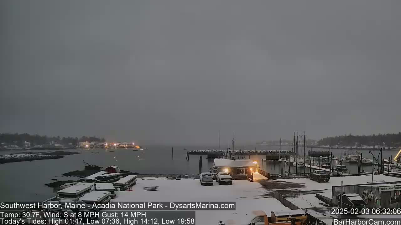 A snow-covered harbor scene under a gray, overcast sky shows boats moored at a marina with a few vehicles parked nearby.