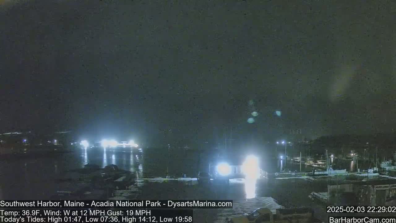 A nighttime harbor scene with boats and lights, under a dark, cloudy sky and a west wind.