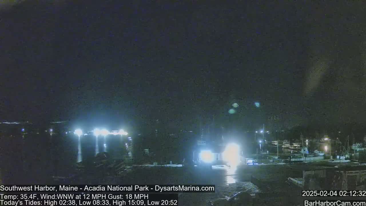 A nighttime view of a harbor with boats and lights, under a dark sky with a wind of 12 mph gusting to 18 mph.