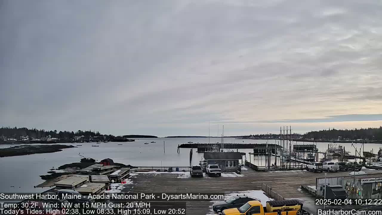 A mostly cloudy day reveals a harbor with docked boats and a few cars parked nearby, under a light northwest wind.