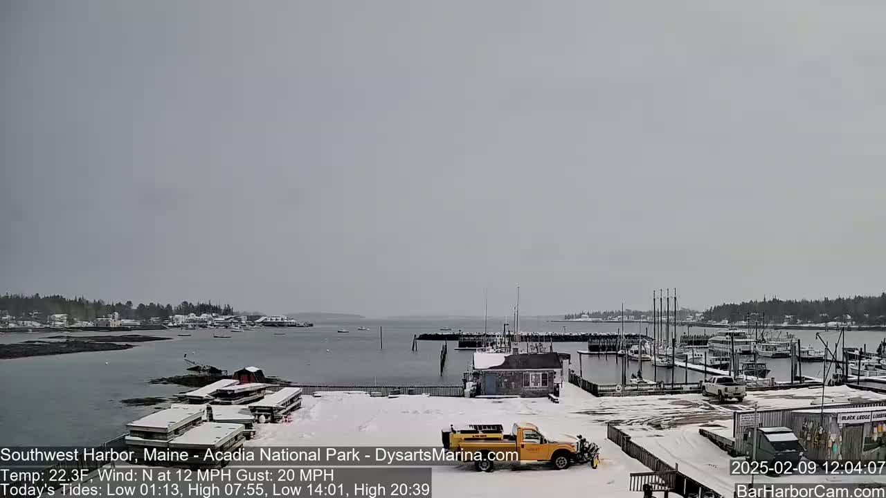 A snow-covered harbor scene with boats docked, a yellow truck, and a small building under an overcast sky.