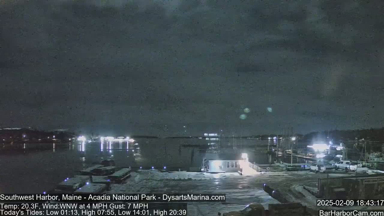 A snow-covered marina at night under a dark, cloudy sky, with lights illuminating boats and buildings along a calm body of water.
