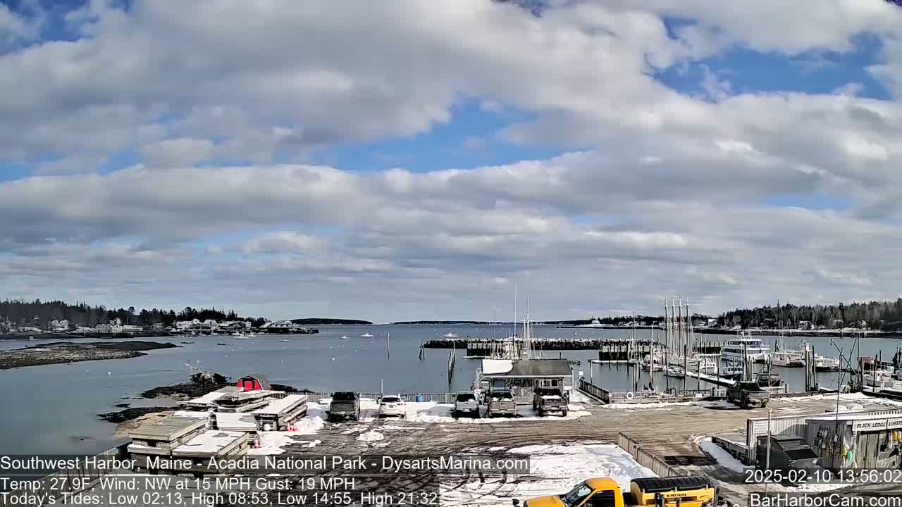 A partly cloudy day shows a harbor with boats docked and a few cars parked in a snowy lot, with a calm body of water and a distant shoreline.