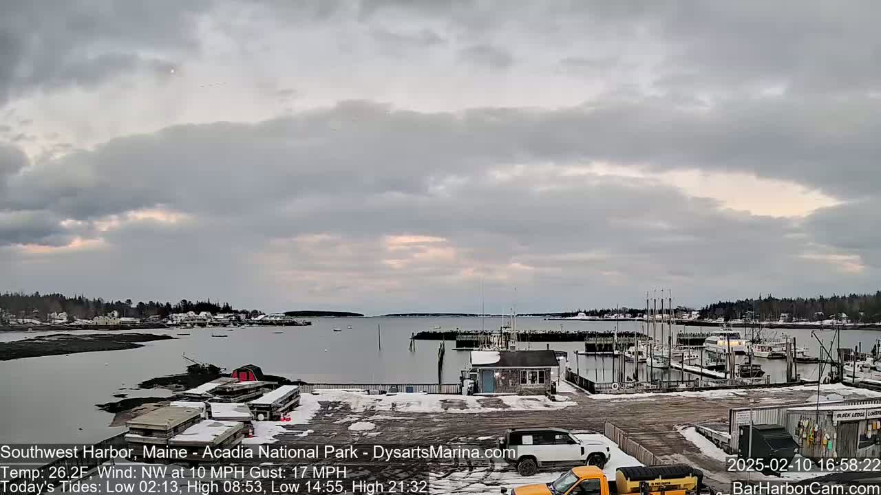 A snow-dusted harbor town with boats moored at a dock under a cloudy sky.