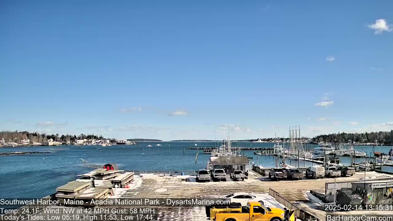 A harbor filled with boats under a clear blue sky, with a partly snowy parking lot in the foreground and a brisk northwest wind.