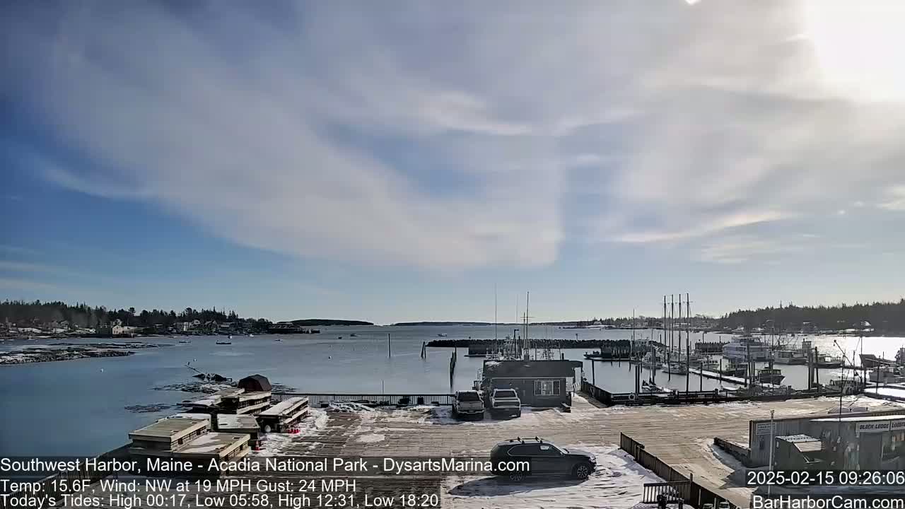 A partly sunny day with a northwest wind shows a harbor filled with boats and a small snow-covered parking lot.
