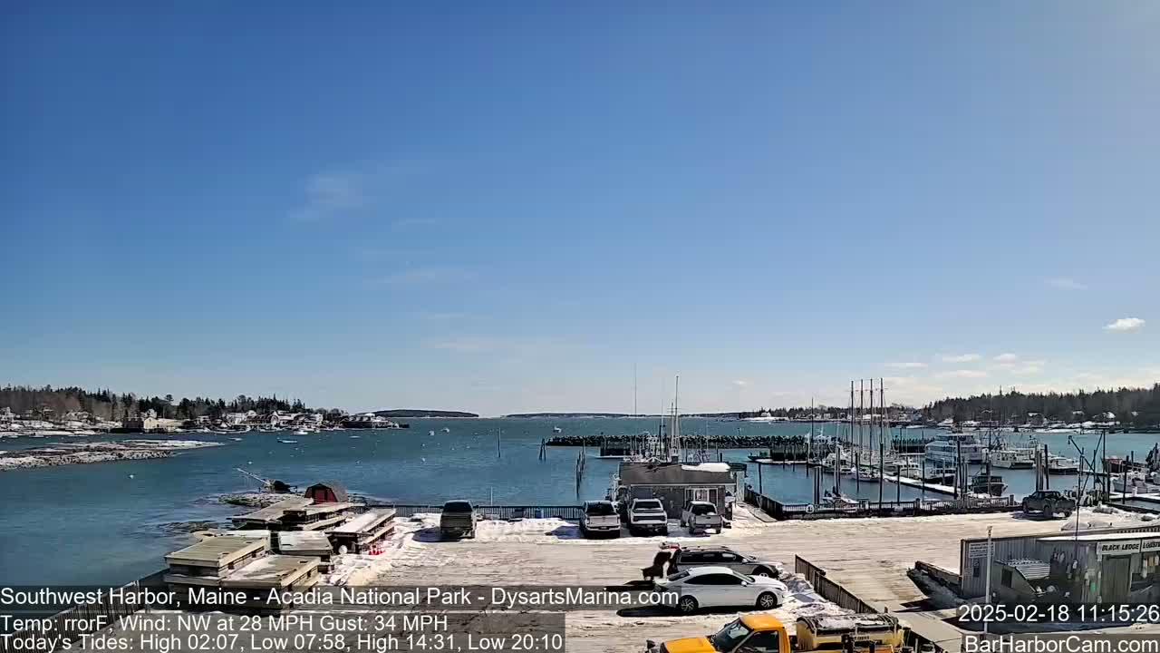 A harbor with numerous boats docked under a clear blue sky and a northwest wind of 28 mph with gusts up to 34 mph.
