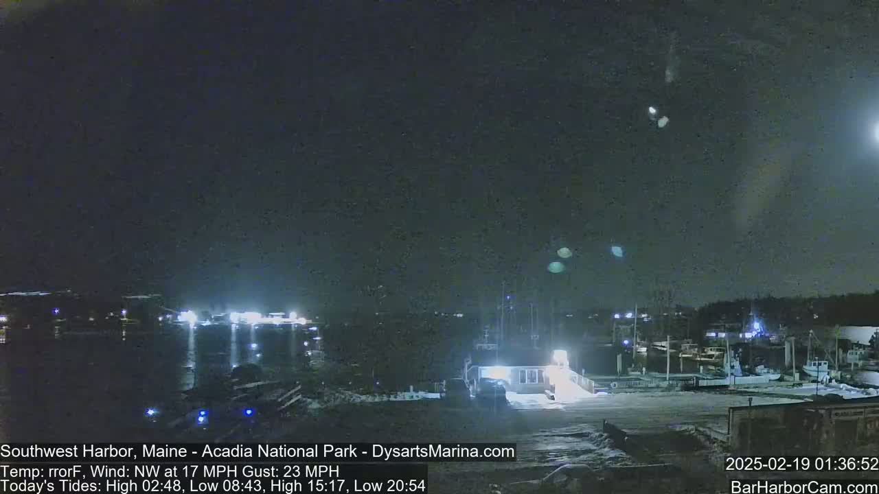 A nighttime view of a harbor with boats docked under a dark sky.