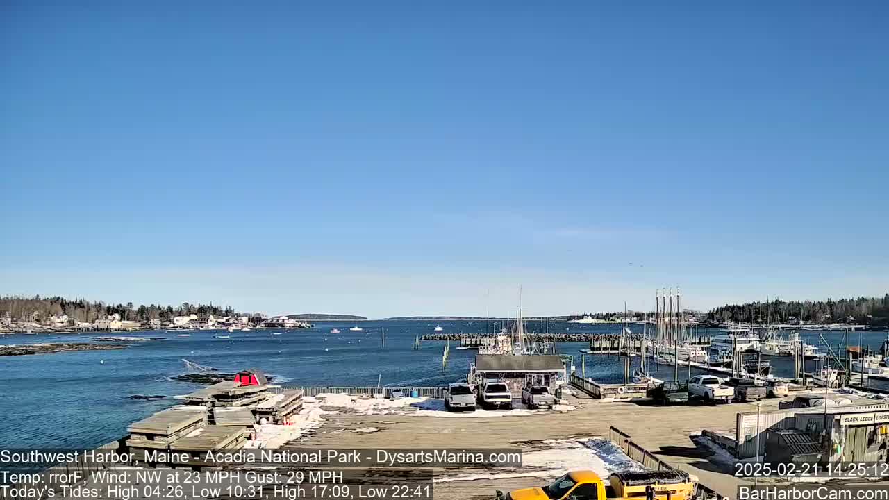 A harbor filled with boats on a sunny day with a northwest wind of 23 mph gusting to 29 mph.